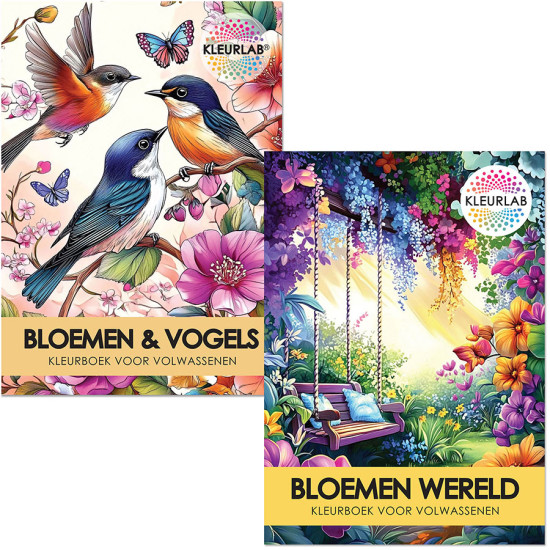 Bekijk de Bloemen Voordeelset met Bloemen Wereld en Bloemen & Vogels Voordeelset met twee bloemrijke kleurboeken voor Volwassenen uit de collectie van Kleurlab®