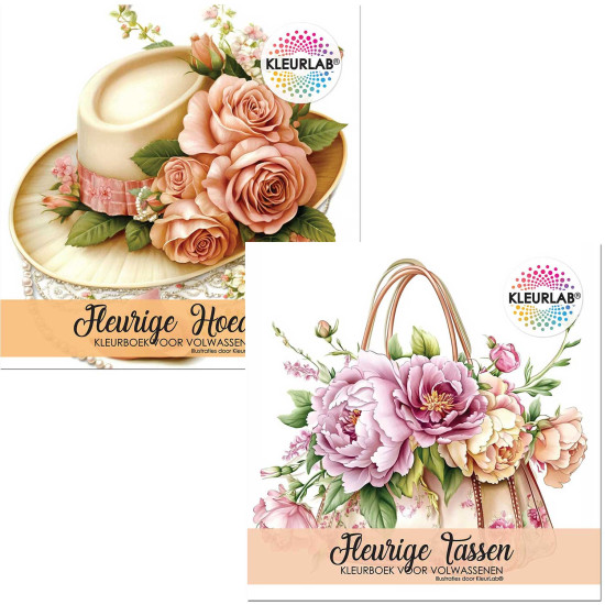 Bekijk de Fleurige Fashion Voordeelset met stijlvolle accessoires om in te kleuren Voordeelset met kleurboeken vol elegante hoeden en tassen uit de collectie van Kleurlab®