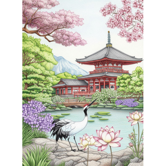 Bekijk het kleurboek Japanse Tuinen voor rust en creativiteit Kleurboek Japanse Tuinen met serene illustraties van bloesems, tempels en vijvers uit de collectie van Kleurlab®