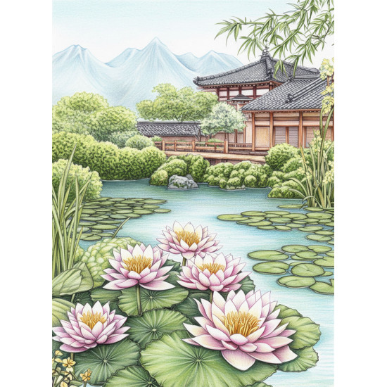 Bekijk het kleurboek Japanse Tuinen voor rust en creativiteit Kleurboek Japanse Tuinen met serene illustraties van bloesems, tempels en vijvers uit de collectie van Kleurlab®
