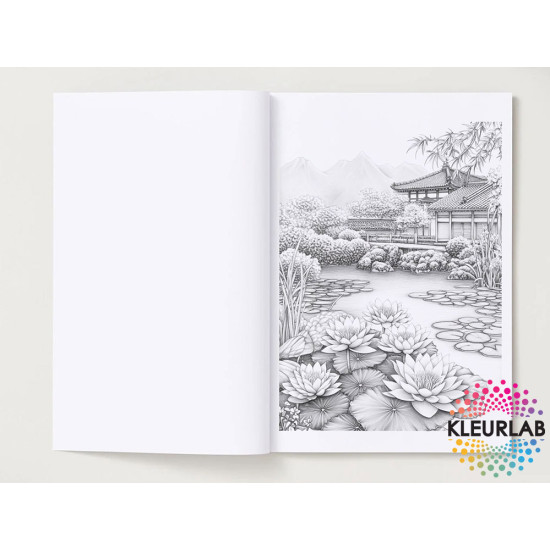 Bekijk het kleurboek Japanse Tuinen voor rust en creativiteit Kleurboek Japanse Tuinen met serene illustraties van bloesems, tempels en vijvers uit de collectie van Kleurlab®