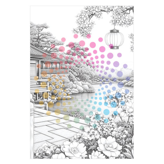 Bekijk het kleurboek Japanse Tuinen voor rust en creativiteit Kleurboek Japanse Tuinen met serene illustraties van bloesems, tempels en vijvers uit de collectie van Kleurlab®