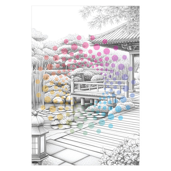 Bekijk het kleurboek Japanse Tuinen voor rust en creativiteit Kleurboek Japanse Tuinen met serene illustraties van bloesems, tempels en vijvers uit de collectie van Kleurlab®