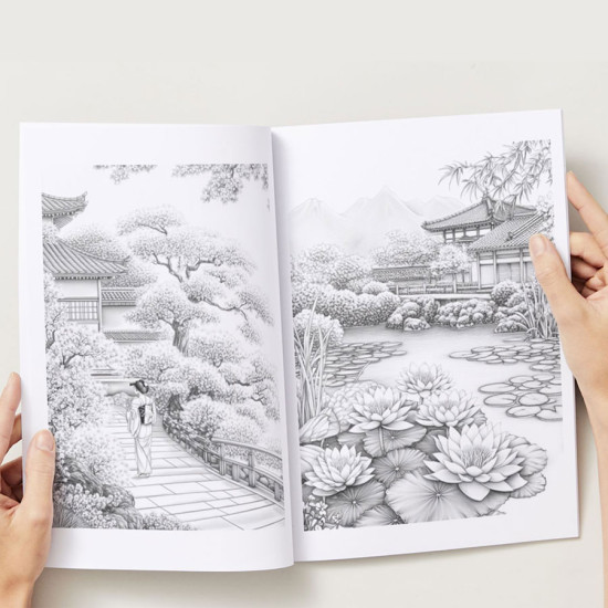 Bekijk het kleurboek Japanse Tuinen voor rust en creativiteit Kleurboek Japanse Tuinen met serene illustraties van bloesems, tempels en vijvers uit de collectie van Kleurlab®