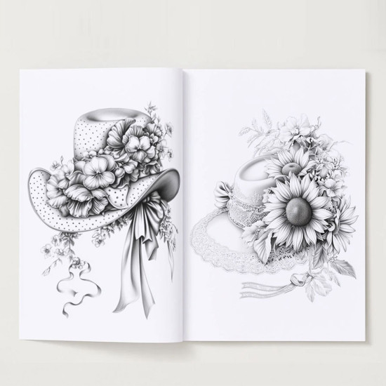 Bekijk het kleurboek Fleurige Hoeden vol flair en bloemen Kleurboek Fleurige Hoeden met bloemenhoeden en sierlijke details uit de collectie van Kleurlab®