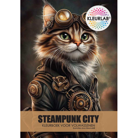 Kleurboek Steampunk City met luchtschepen, torens en mechanische details uit de collectie van Kleurlab®