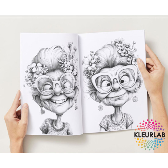 Bekijk het kleurboek Vrolijke Oma’s vol karakter en humor Kleurboek Vrolijke Oma’s met grappige portretten en charmante details uit de collectie van Kleurlab®